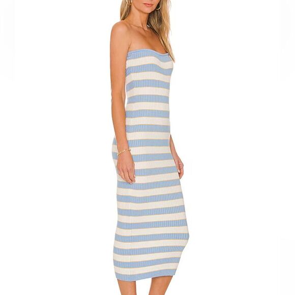 NWT More To Come Lesley Ribbed Strapless Dress in Striped Blue knit Revolve S - Picture 2 of 8